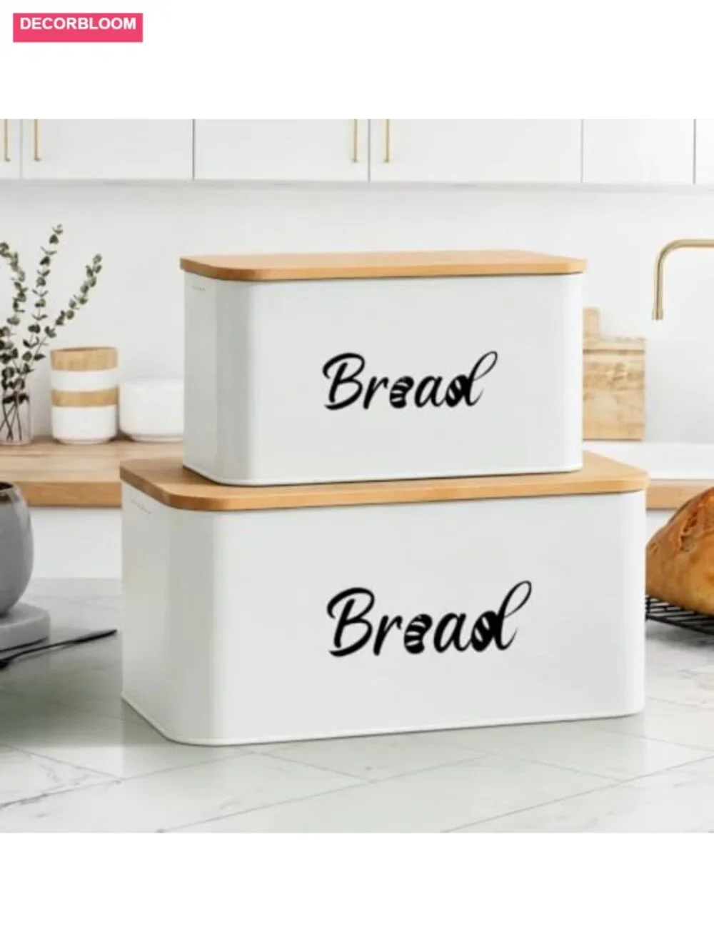 Set of 2 Metal Bread Boxes with Bamboo Lids Cutting Board Storage